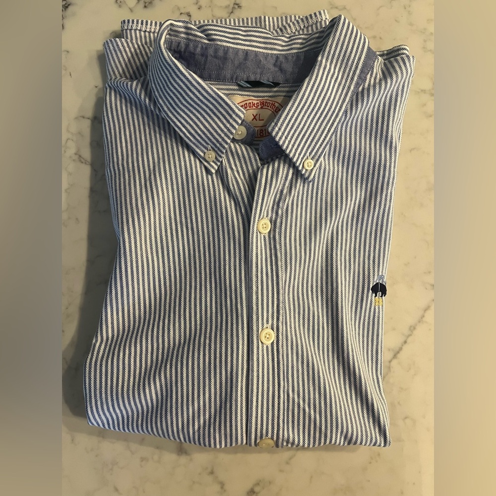 Brooks Brothers Dress Shirt 1818  Button Down Blue Stripe Embroidered XL EUC